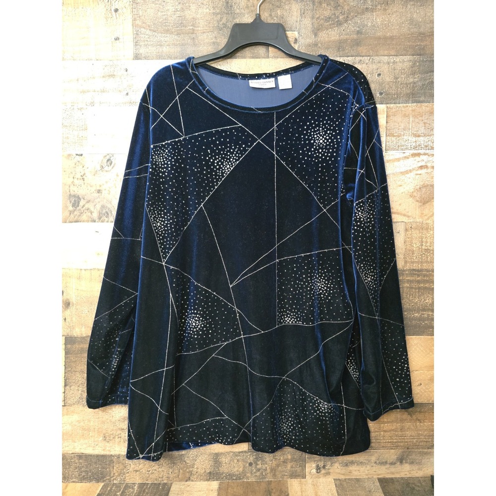 Alfred Dunner Navy Blue Stretch Velvet Geometric  Sparkle Top Fairy Event 16W